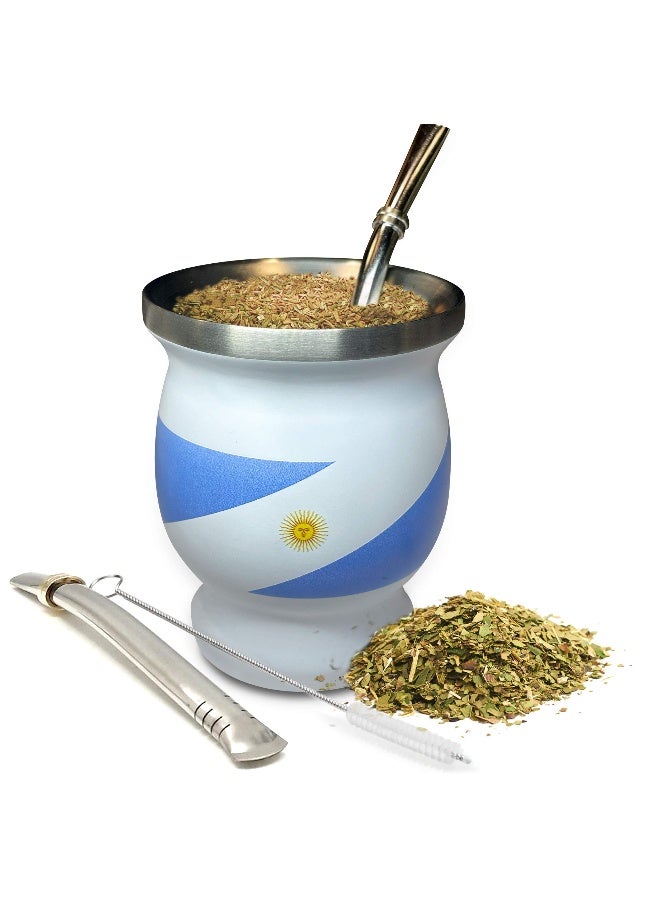 Norte Group Norte Yerba Mate Cup Set - Stainless Steel Blue & White Insulated 8 oz Cup/Gourd with 2 Bombillas & Cleaning Brush - Traditional Yerba Mate Kit for Tea Drinkers, Travel & Everyday Use - Image 1
